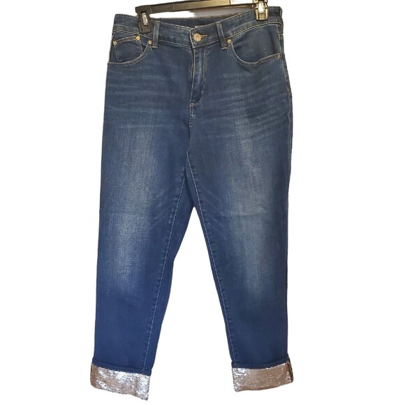 Chico's Womens Boyfriend Ankle Jeans Blue With Emblish Gold Ends Size 4R - Picture 2 of 11